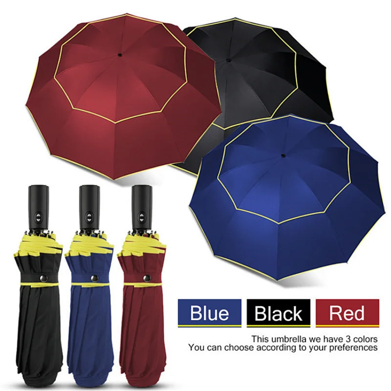Amazon High Quality 120cm Big Fully-automatic Men Rain Woman Double Layer 3 Folding Business Gift Windproof Sun Golf Umbrellas