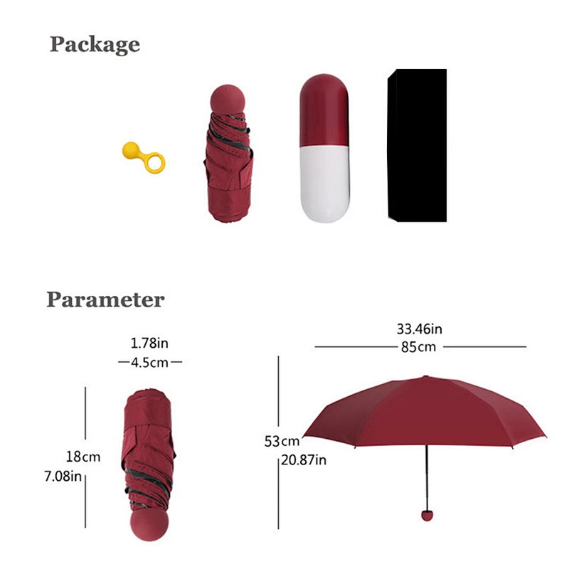 6 paneles Sun Mini paraguas de cápsula de paraguas anti-uv con revestimiento de vinilo negro de 5 pliegues con estuche