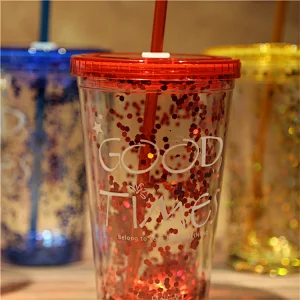 Multi Color 16oz Glam Silver Double Walled Glitter Tumbler With Straw
