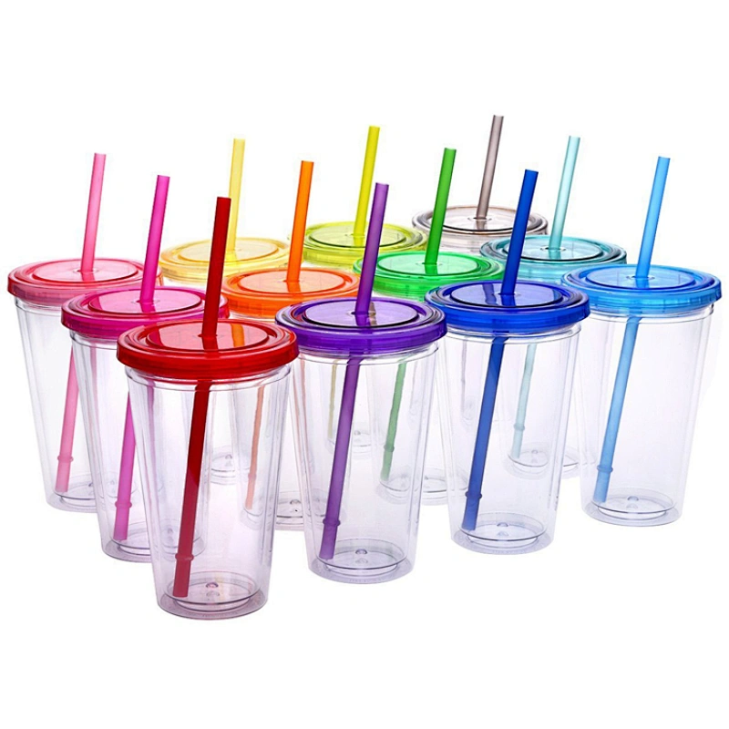 Taza plástica modificada para requisitos particulares 16oz reutilizable aislada del vaso del logotipo de la pared doble con la tapa de la bóveda