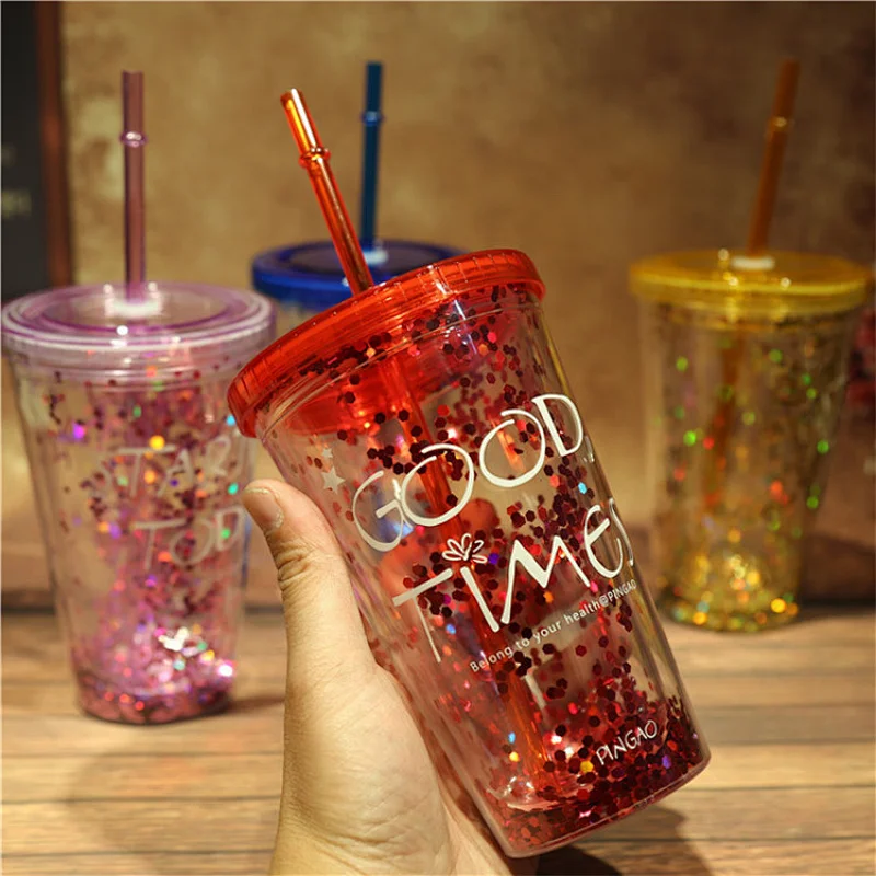 Multi Color 16oz Glam Silver Double Walled Glitter Tumbler With Straw
