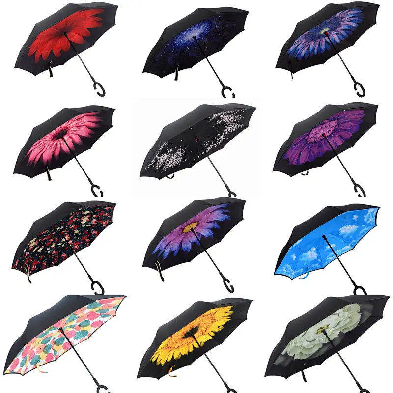 Ready stock windproof double layer Logo printed promotional custom reverse inverted umbrella