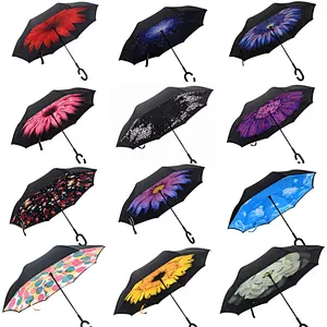 Ready stock windproof double layer Logo printed promotional custom reverse inverted umbrella