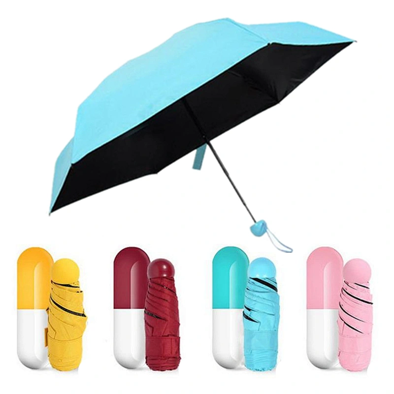 6 paneles Sun Mini paraguas de cápsula de paraguas anti-uv con revestimiento de vinilo negro de 5 pliegues con estuche