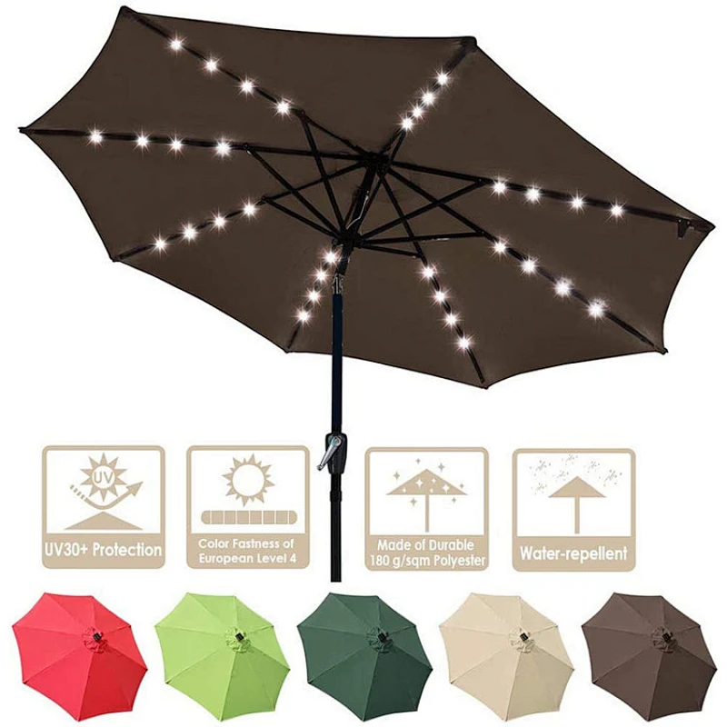 9ft Solar Powered LED Light Tilt Sun Garden Outdoor Patio Umbrella Partes para Mesa Market Beach Pool Cafe Deck