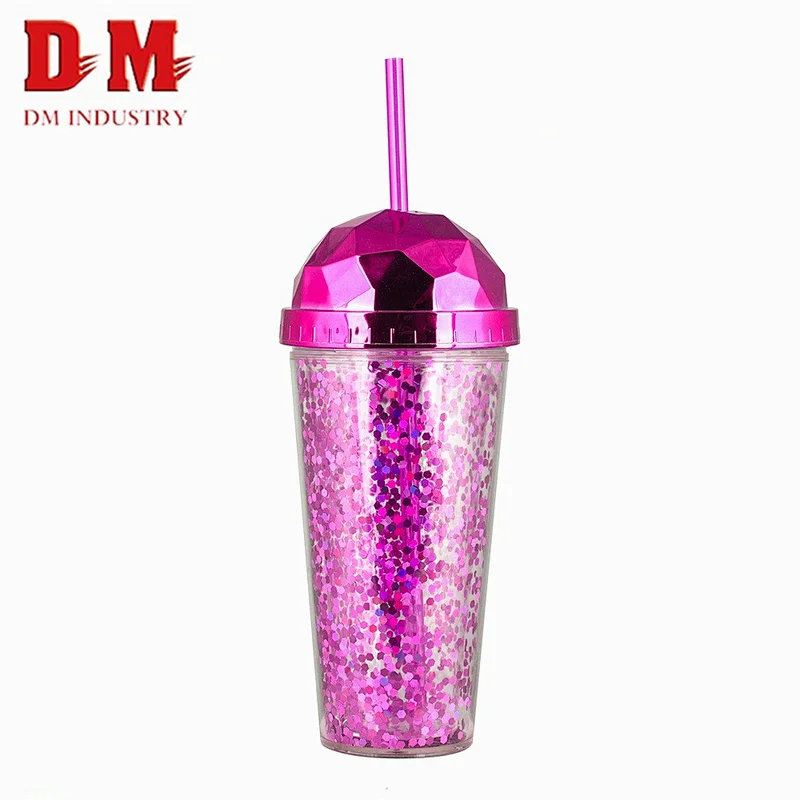 Personalized 16oz Promotion Double Plastic Diamond Mug Cup With Straw