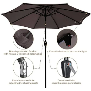 9ft Solar Powered LED Light Tilt Sun Garden Outdoor Patio Umbrella Parts for Table Market Beach Pool Cafe Deck
