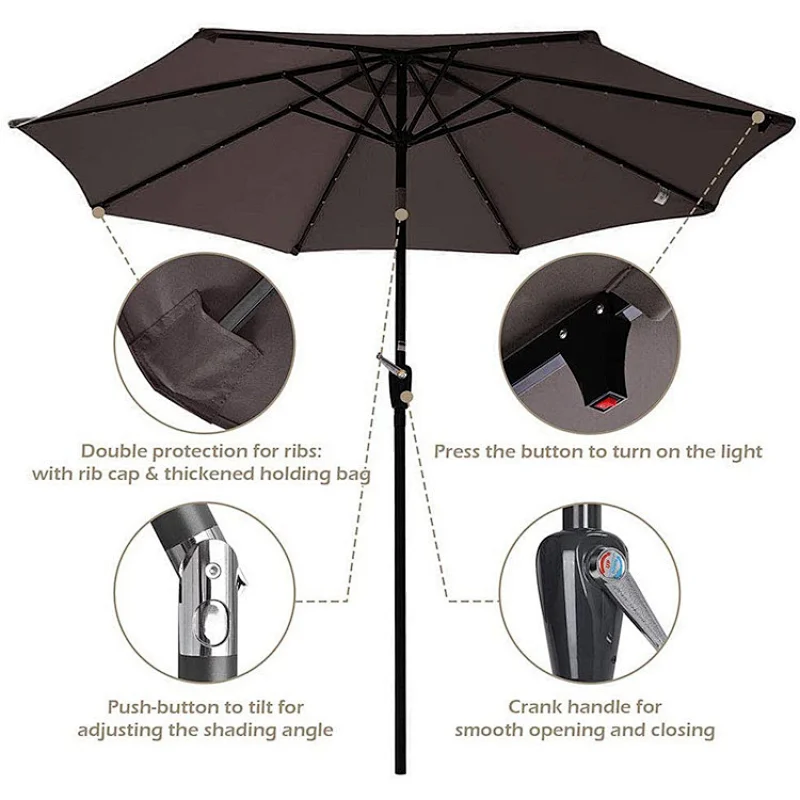 9ft Solar Powered LED Light Tilt Sun Garden Outdoor Patio Umbrella Parts for Table Market Beach Pool Cafe Deck
