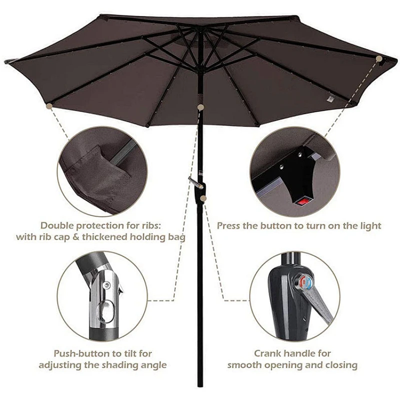 9ft Solar Powered LED Light Tilt Sun Garden Outdoor Patio Umbrella Partes para Mesa Market Beach Pool Cafe Deck