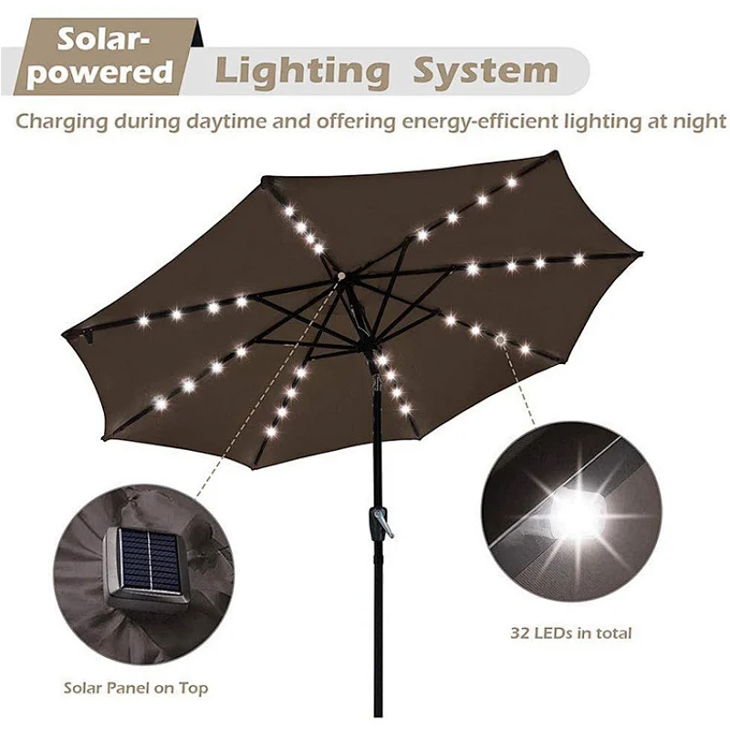 9ft Solar Powered LED Light Tilt Sun Garden Outdoor Patio Umbrella Parts for Table Market Beach Pool Cafe Deck