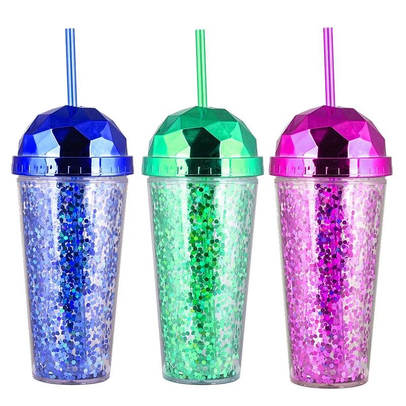 Personalized 16oz Promotion Double Plastic Diamond Mug Cup With Straw