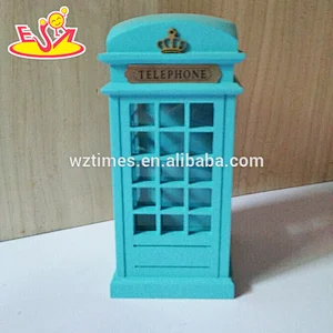 Wholesale telephone booth shape wooden blue piggy bank best selling wooden blue piggy bank W02A276