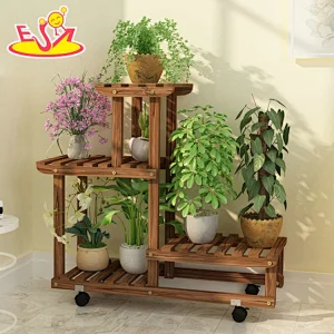 Top sale brown wooden multi-tier plant rack with wheels W08H116