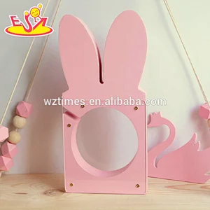 Customize cute pink wooden rabbit piggy bank for children W02A279
