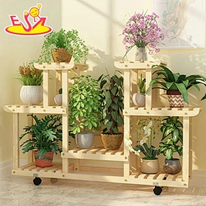Best design movable natural wood 3 tier plant stand with wheels W08H118B