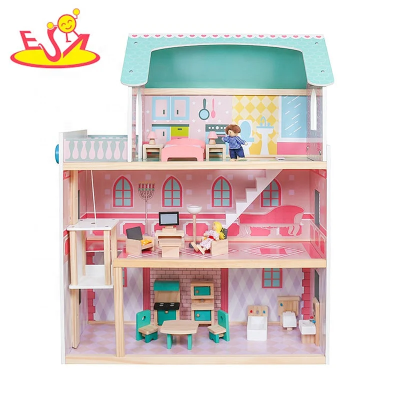 2020 New arrived girls big wooden dollhouse for pretend play W06A400