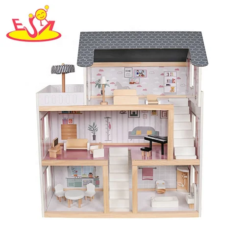 2020 Top sale kids dollhouse wooden doll house with led light W06A413