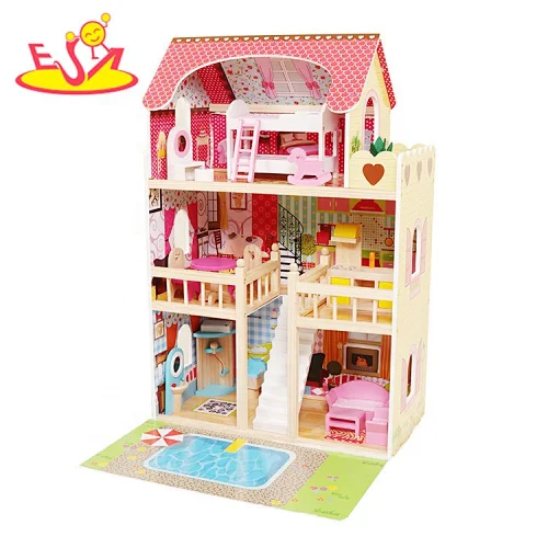 2020 Ready to Ship children wooden led doll house with pool W06A333E