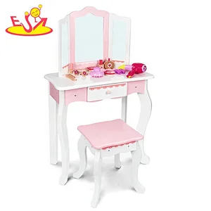 Customize pink wooden girls makeup vanity with mirror and stool W08H135