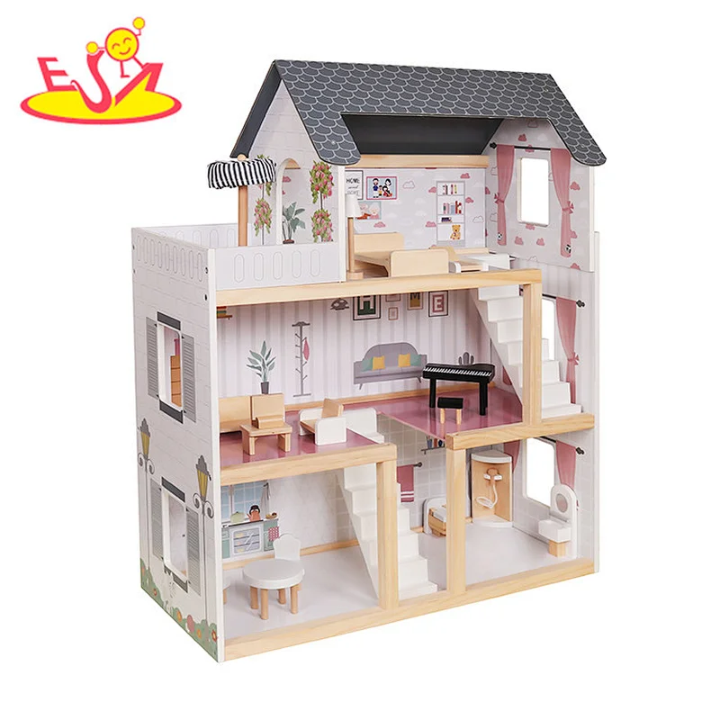 2020 Top sale kids dollhouse wooden doll house with led light W06A413