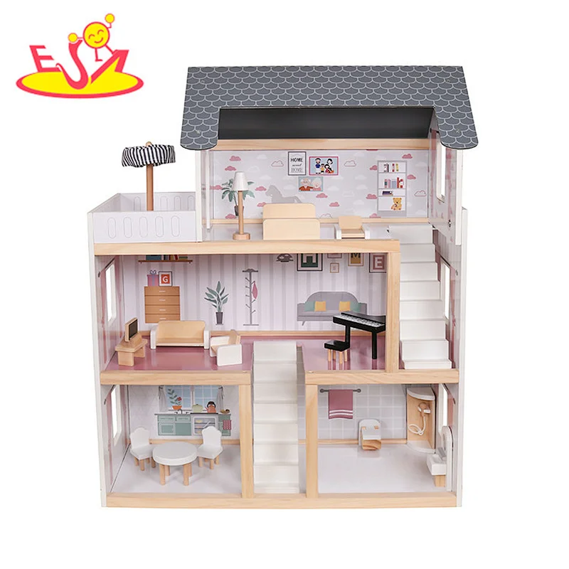2020 Top sale kids dollhouse wooden doll house with led light W06A413