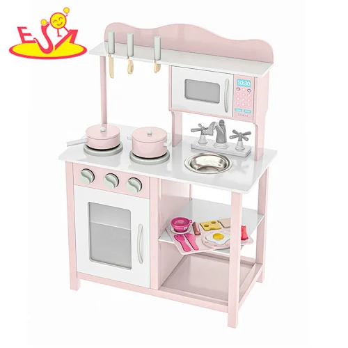 Hot Selling Custom Toddler Pretend Cooking Pretend Role Play Set Pink Wooden Kitchen Toys For Girls W10C404F