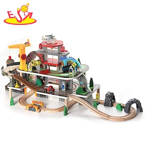 Customize kids construction wooden toy parking lot with train set W04C212