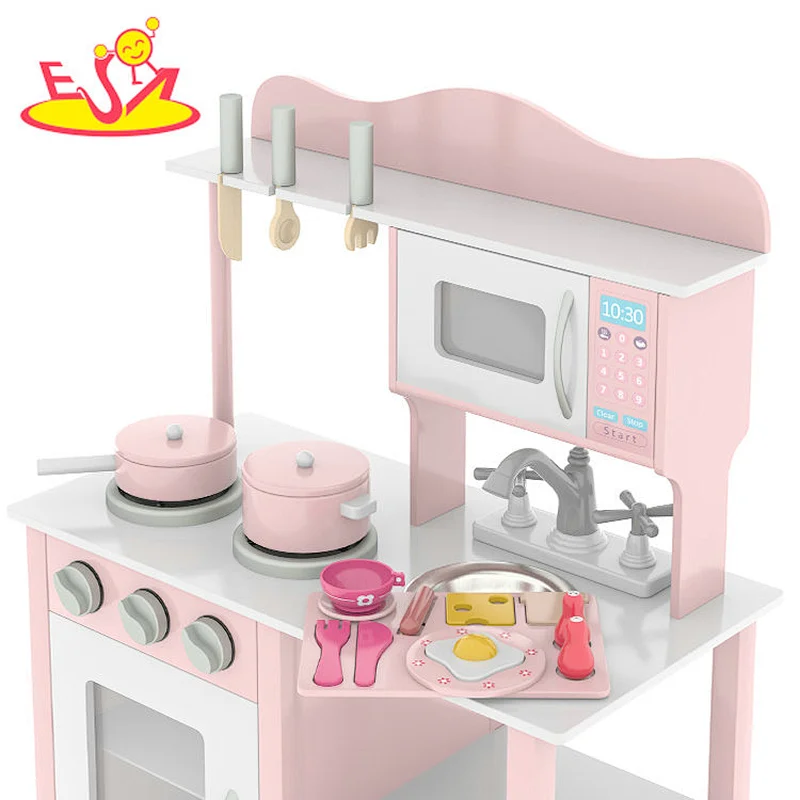 Hot Selling Custom Toddler Pretend Cooking Pretend Role Play Set Pink Wooden Kitchen Toys For Girls W10C404F