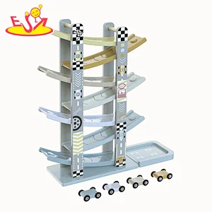 New design educational kids wooden toy car ramp racer with 4 mini cars W04E432