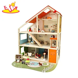 Meistverkauftes dreistöckiges Hebelicht-Puppenzimmer im europäischen Stil für Kinder W06A489