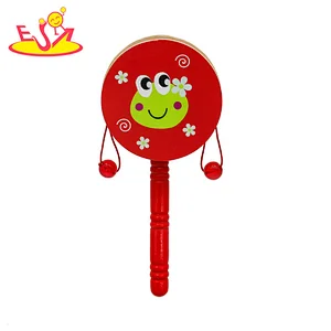 High quality lovely frog design wooden rattle drum toy for kids W07G018