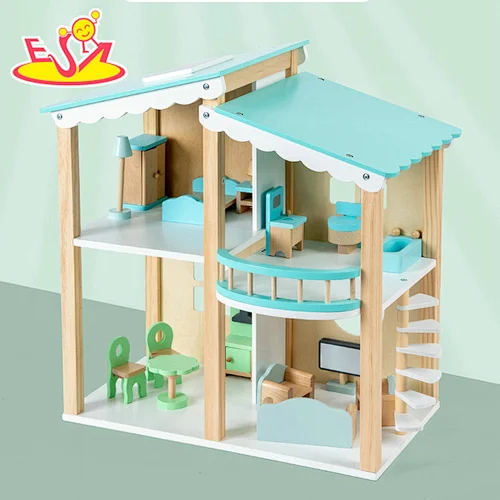 DIY Toy Educational Toy Kids Wooden Blue Doll House With Furniture W06A488