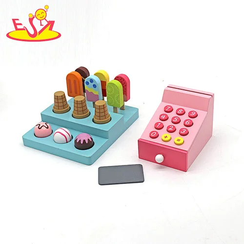 Customize kids pretend play wooden ice cream toy set with cashier count W10A156