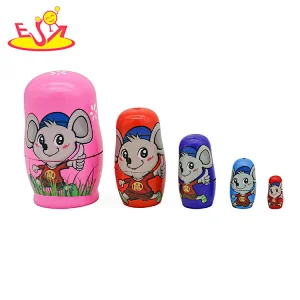 Hot selling mouse wooden baby nesting stacking doll toy set W06D159