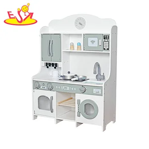 Customize Kids Play House Modern White Wooden Kitchen Toy With Accessories W10C738
