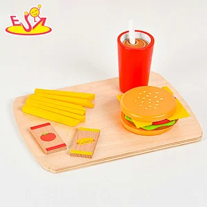 Hot Selling Pretend Role Play Fast Food Wooden Hamburger Set Toy For Kids W10D531