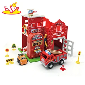 Custom Kids Educational Fire Station Garage Track Wooden Diy Parking Lot Toy W04B113