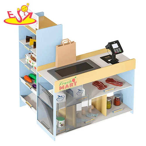 New Arrival Kids Shopping Game Wooden Supermarket Cashier Counter Toy With Shelf W10A173