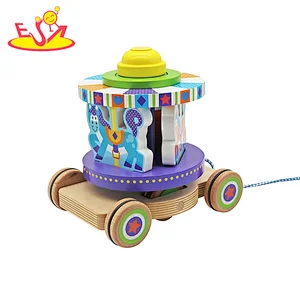New Style Kids Walking Learning Wooden Pull Along Toy With Spinning Carousel W05C157