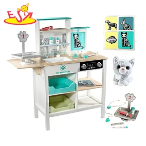 Kids Play House Veterinarian Pet Care Wooden Doctor Play Set With Plush Cat Toy W10D659