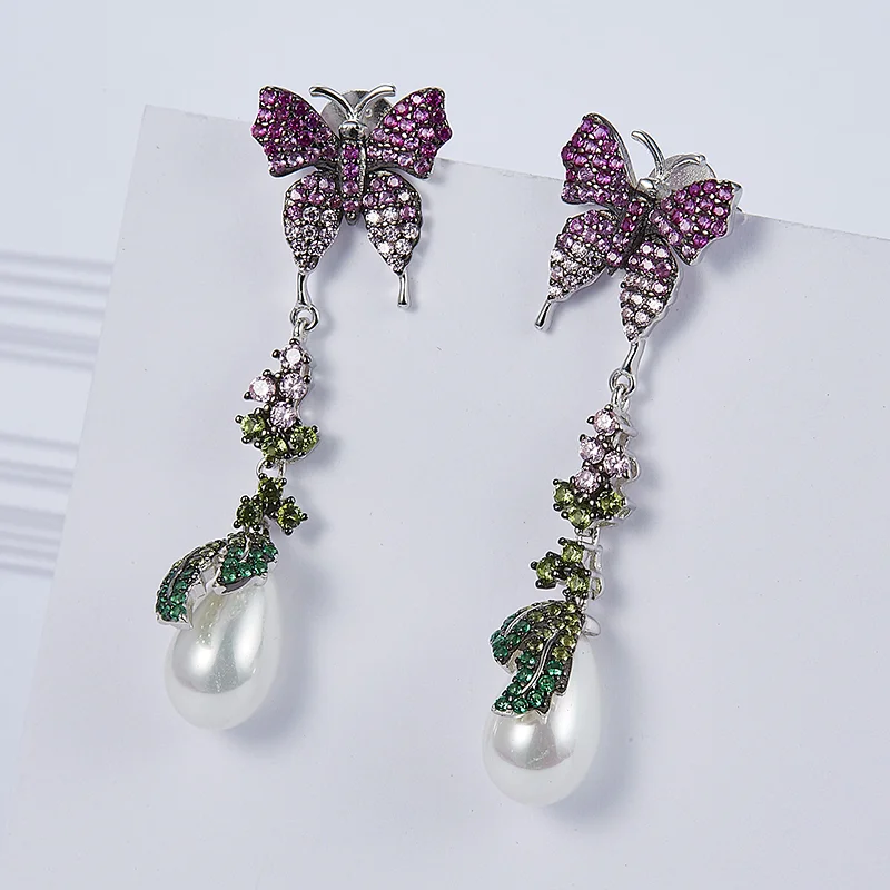 Colorful butterfly pearl tassel earrings,925 silver ornament
