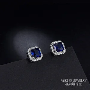 Fashion 925 Silver Earrings Square Sapphire Ear Nails Jewelry large jewelry factory,OEM/ODM Jewelry Trade processing customized,Wholesale jewelry manufacturer