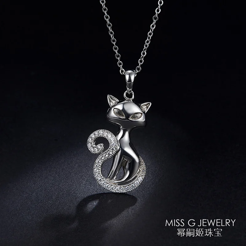 Original Designer 3D Pet Cat Animal S925 Silver Pendant Necklace Cat Drill Zircon Silver Jewelry Factory