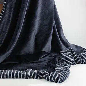100% Polyester Stripe Plush Border Soft Flannel Winter Blanket