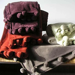 100%Polyester Super Soft Cheap Pom Pom  Coral Fleece Blanket