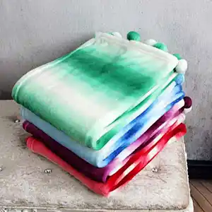 100% Polyester Ombre Printed Flannel  Fleece Blanket With Pom Pom