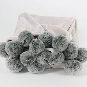 100% Polyester Microfiber Soft Flannel Fleece Throw Blanket with Fur Pom Pom