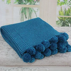 100%Acrylic Sofa Decorative Factory Knitted Pompom Blanket Throw