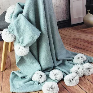 100% Acrylic Soft Faux Mohair Blanket with Pompom