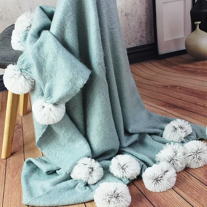 100% Acrylic Soft Faux Mohair Blanket with Pompom